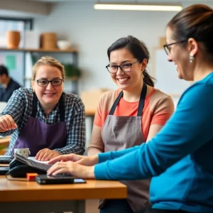 Individuals with developmental disabilities working in a supportive environment.
