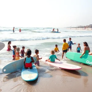 Children participating in a surf therapy event at Huntington Beach