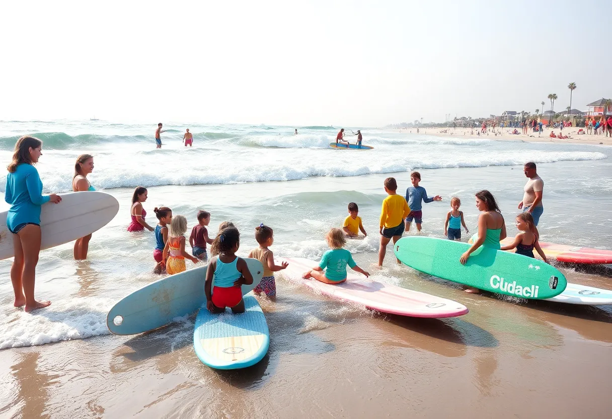 Children participating in a surf therapy event at Huntington Beach
