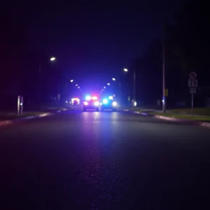 Police lights illuminating a quiet street in Huntington Beach after a fatal accident