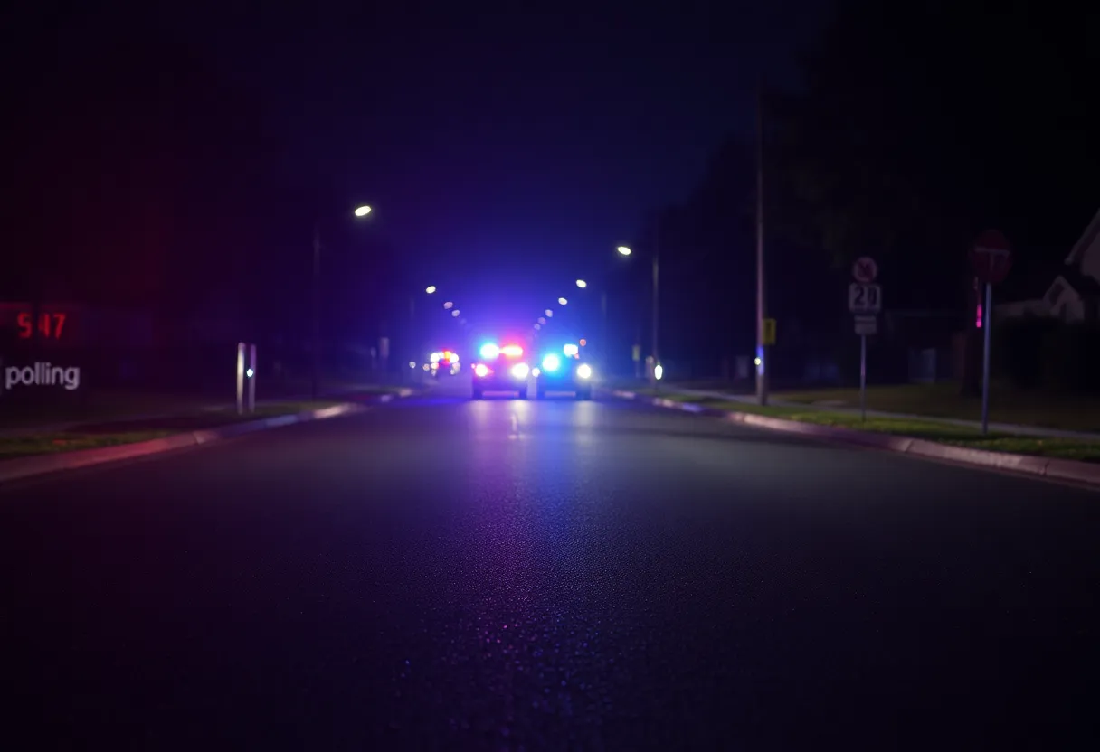 Police lights illuminating a quiet street in Huntington Beach after a fatal accident