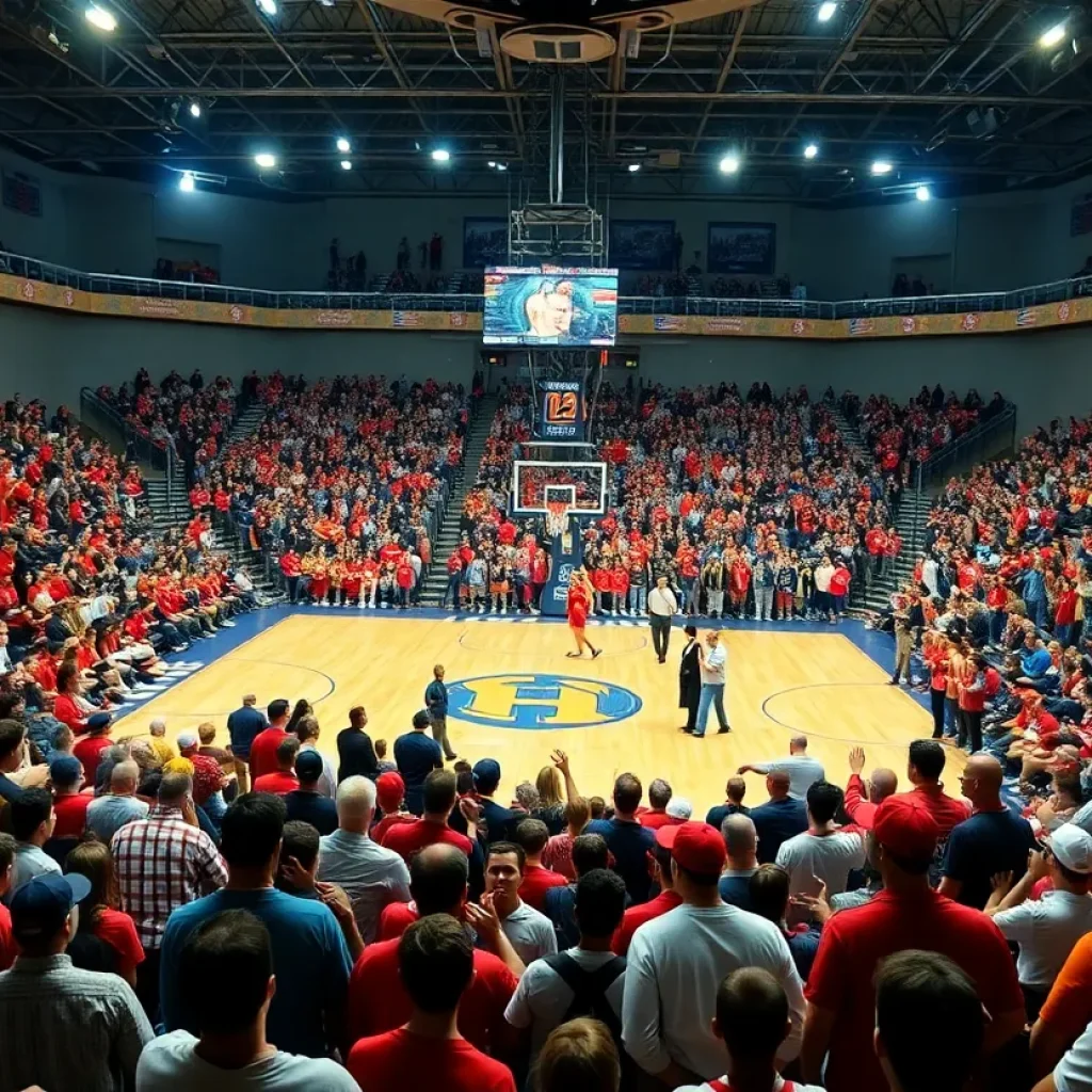 UCLA basketball court with fans cheering