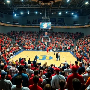 UCLA basketball court with fans cheering