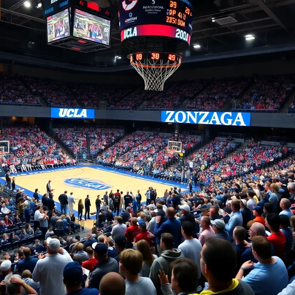 Fans in a basketball arena for a UCLA and Gonzaga game