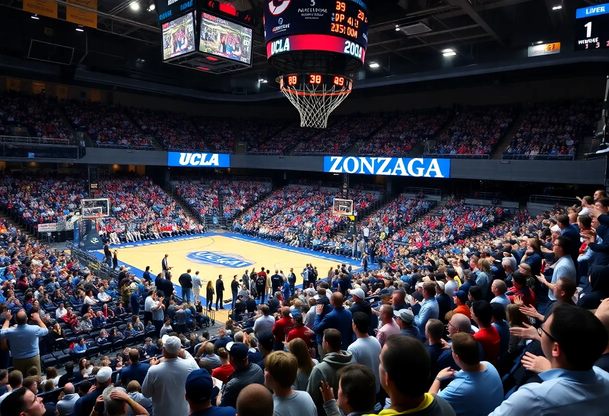 Fans in a basketball arena for a UCLA and Gonzaga game