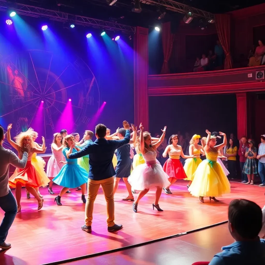 A scene from Footloose musical featuring dancers and vibrant costumes