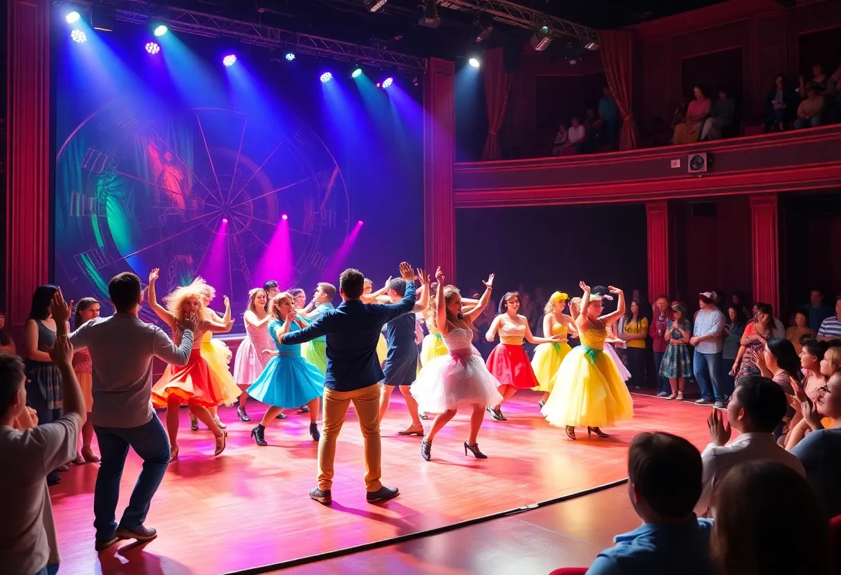 A scene from Footloose musical featuring dancers and vibrant costumes