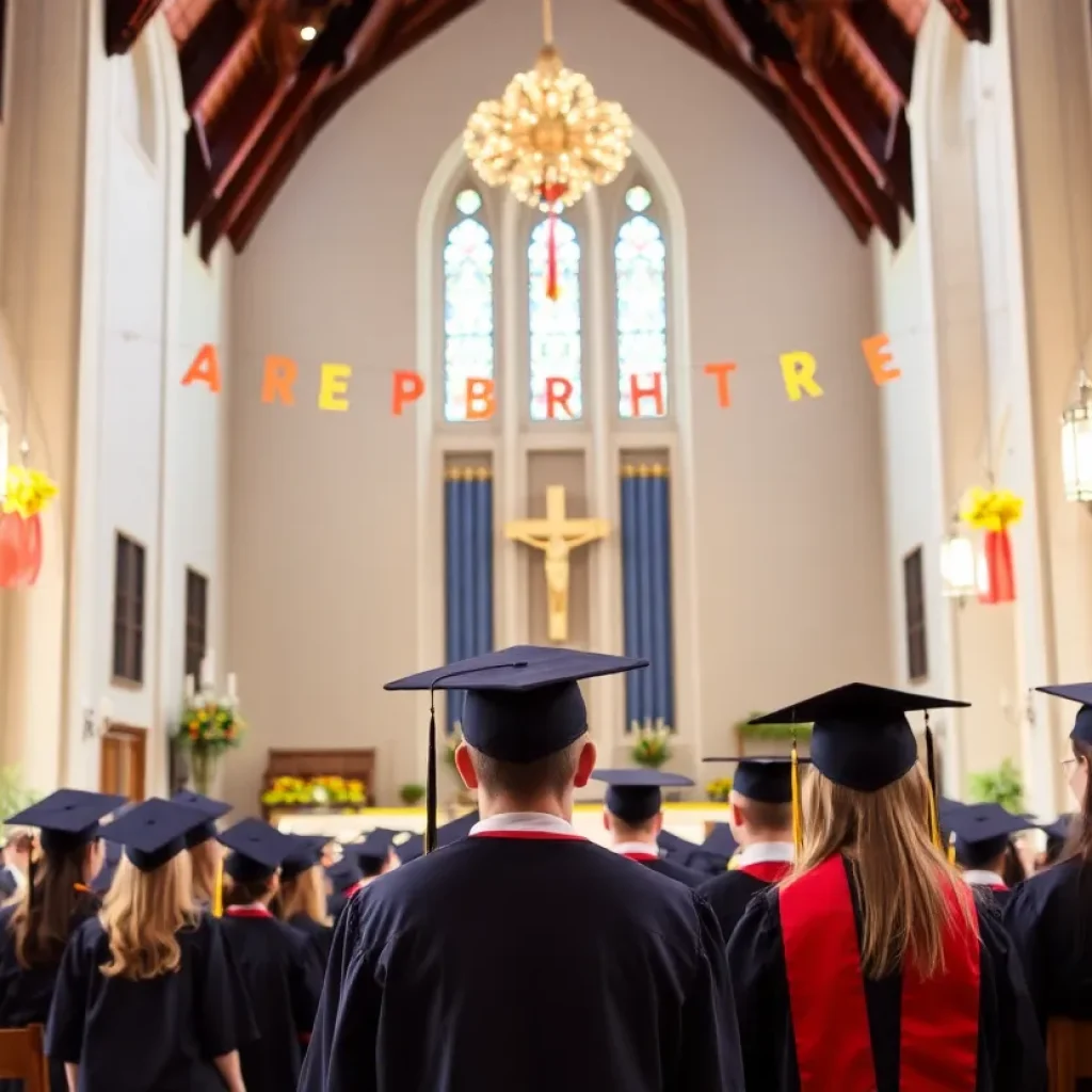 Graduates celebrating during Vanguard University's commencement ceremony at Mariners Church.