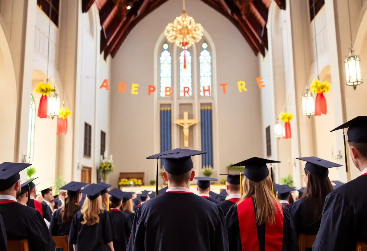 Graduates celebrating during Vanguard University's commencement ceremony at Mariners Church.
