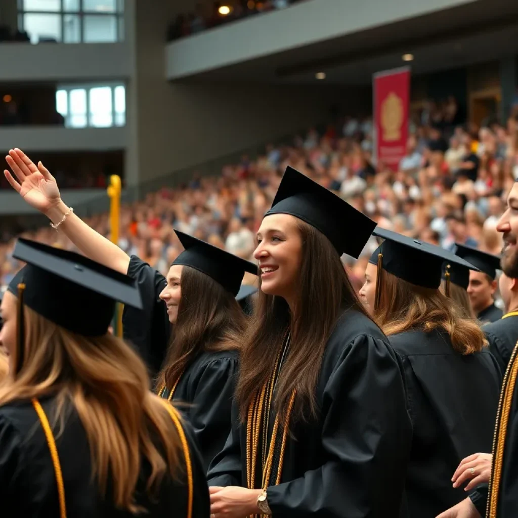 Graduates celebrating at Vanguard University commencement ceremony