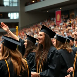 Graduates celebrating at Vanguard University commencement ceremony