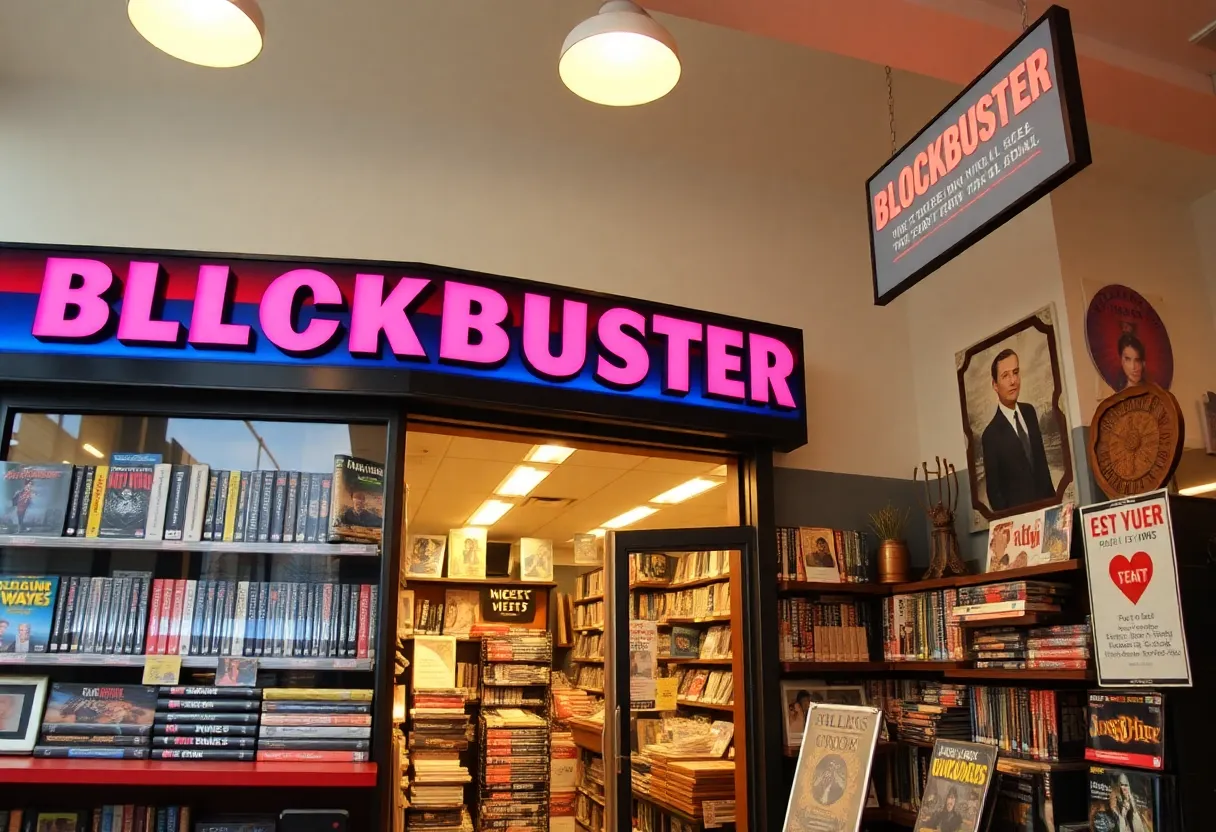 A recreation of a Blockbuster Video store showcasing vintage VHS tapes and movie art.