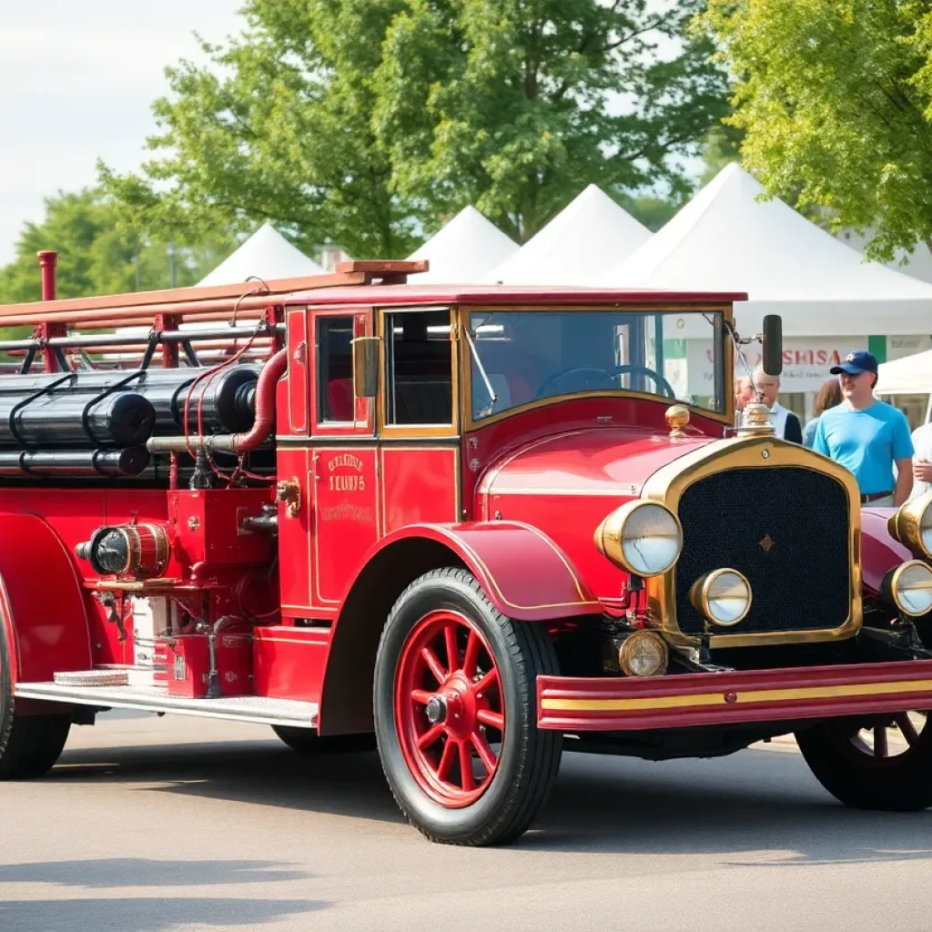 Community members enjoying a vintage fire engine ride at an event.