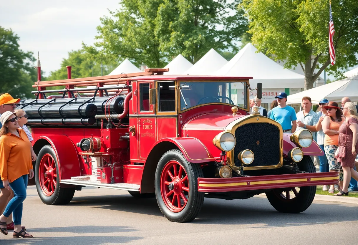 Community members enjoying a vintage fire engine ride at an event.