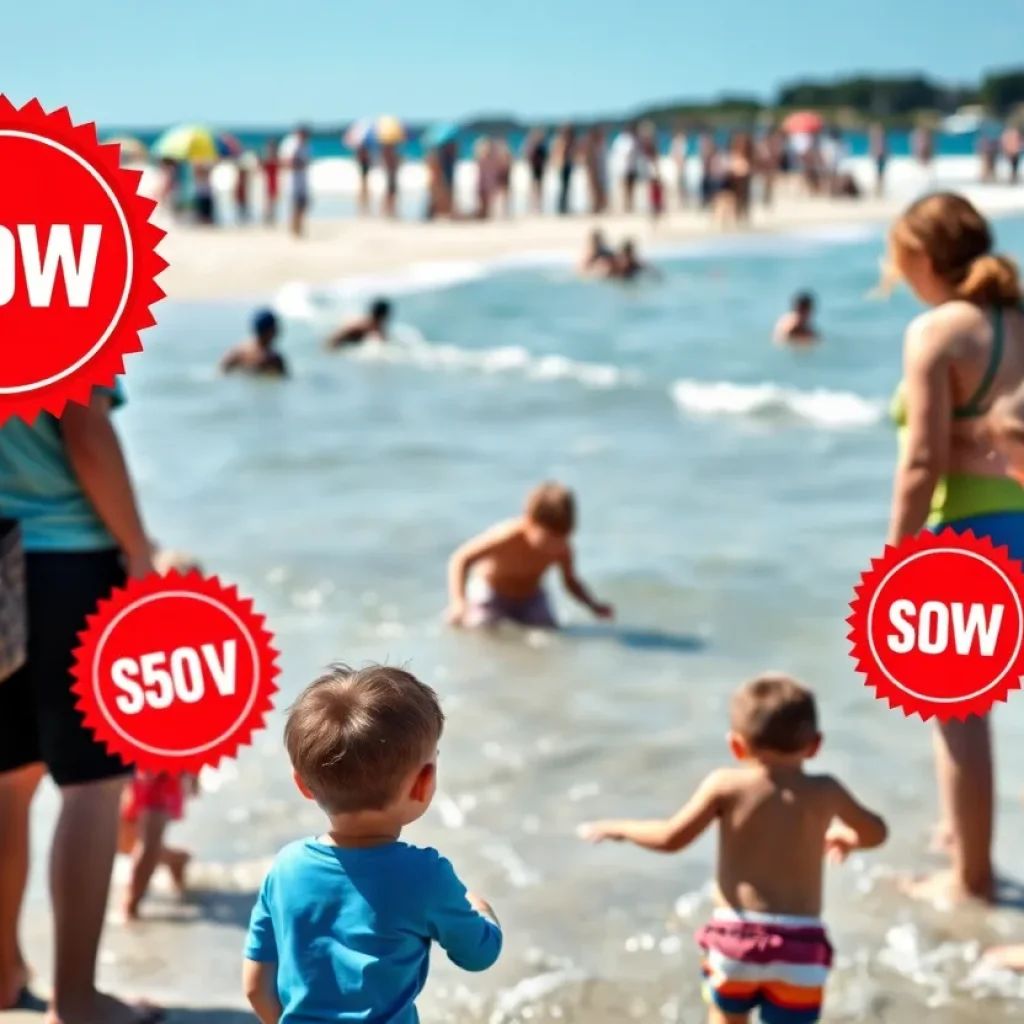 Adults supervising children in water with red badges