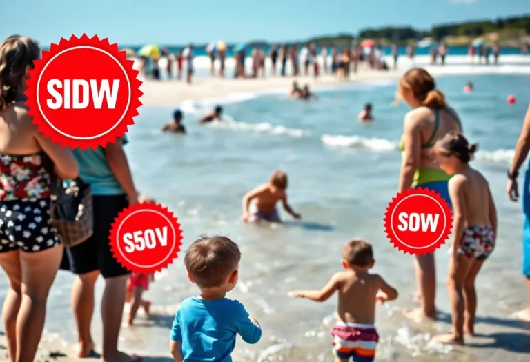 Adults supervising children in water with red badges
