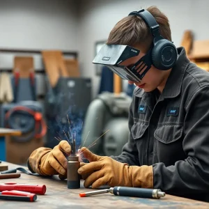 A young man engaged in welding in a busy workshop