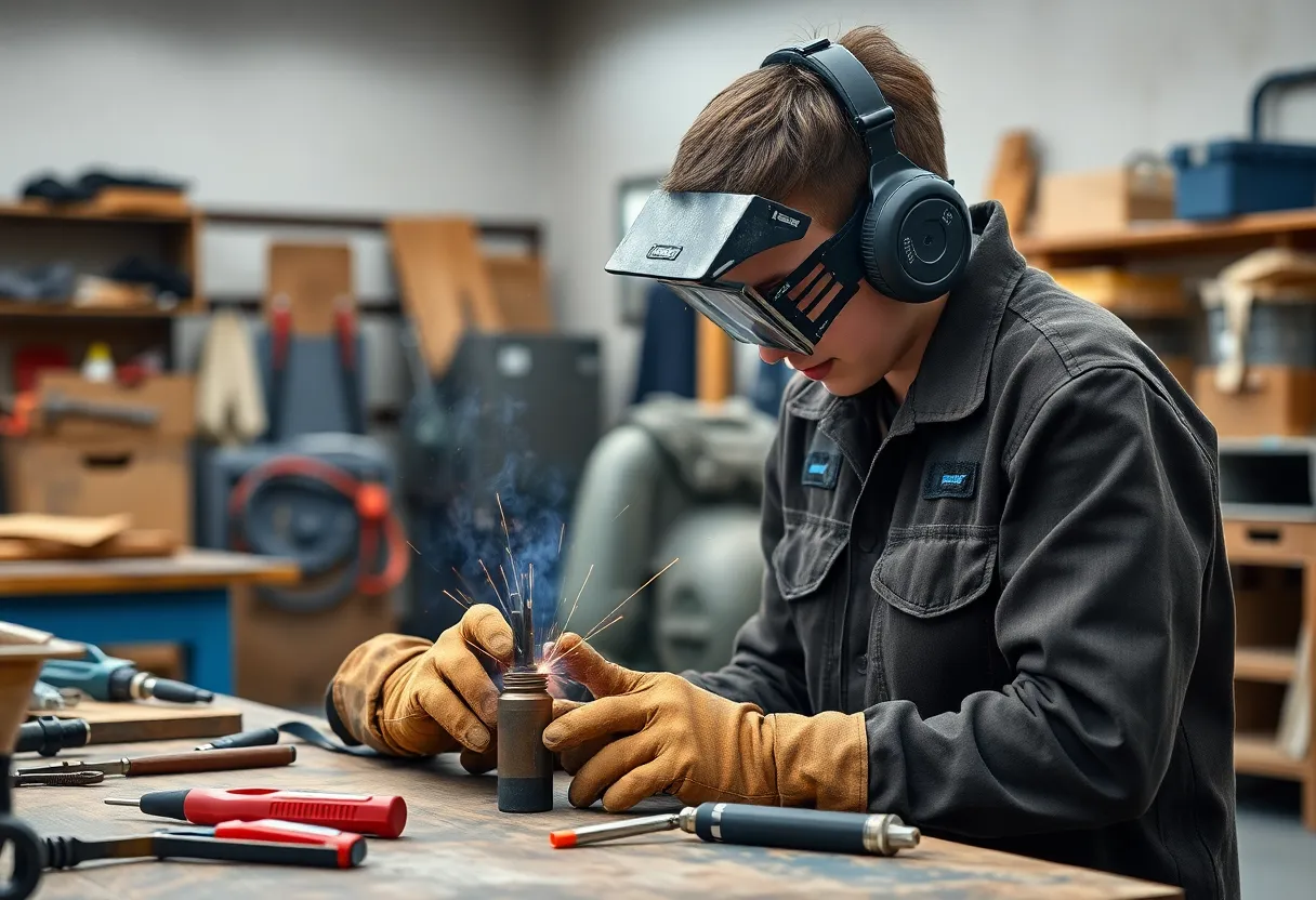 A young man engaged in welding in a busy workshop