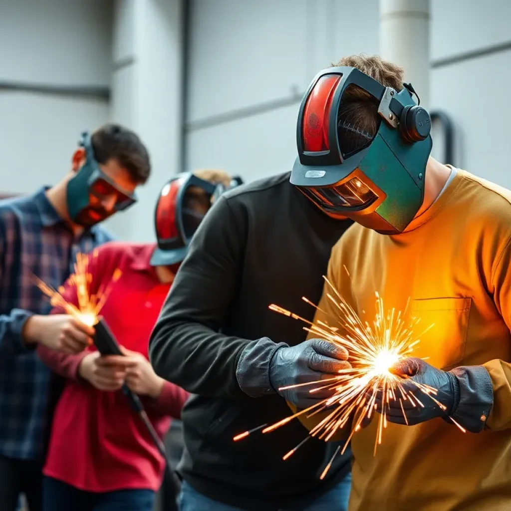 Young adults engaging in welding training in a workshop.
