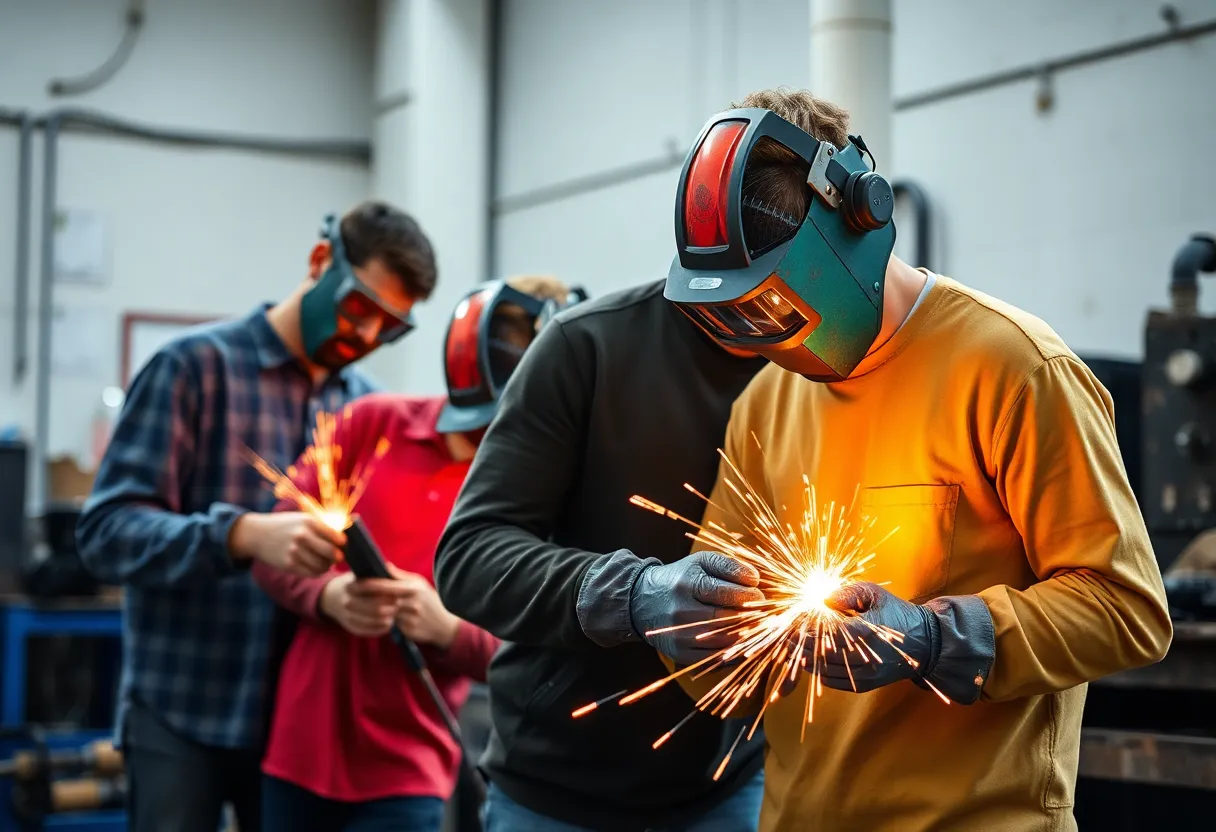 Young adults engaging in welding training in a workshop.