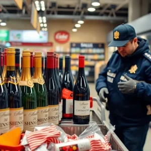 A grocery store display with wine bottles and police presence
