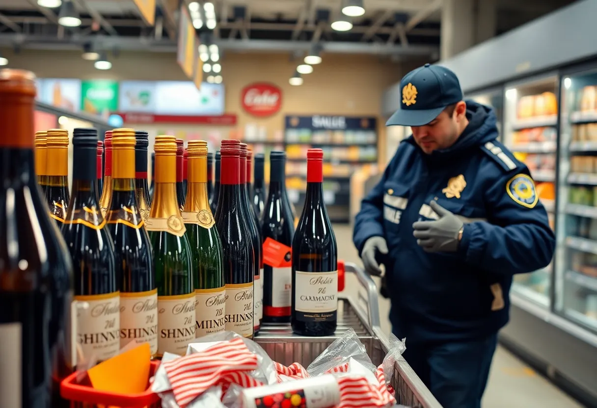 A grocery store display with wine bottles and police presence