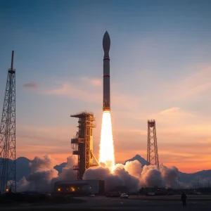Futuristic space launch scene in Southern California's aerospace industry.