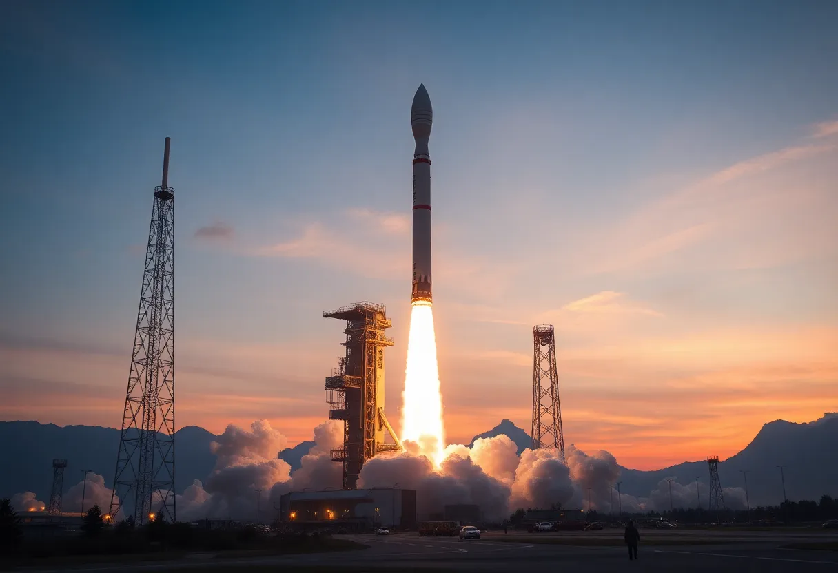 Futuristic space launch scene in Southern California's aerospace industry.