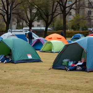 Field with tents for homeless individuals in Anaheim