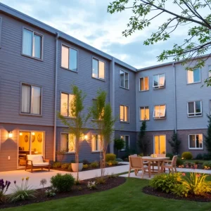 Exterior view of the Avon River Apartments housing project in Costa Mesa