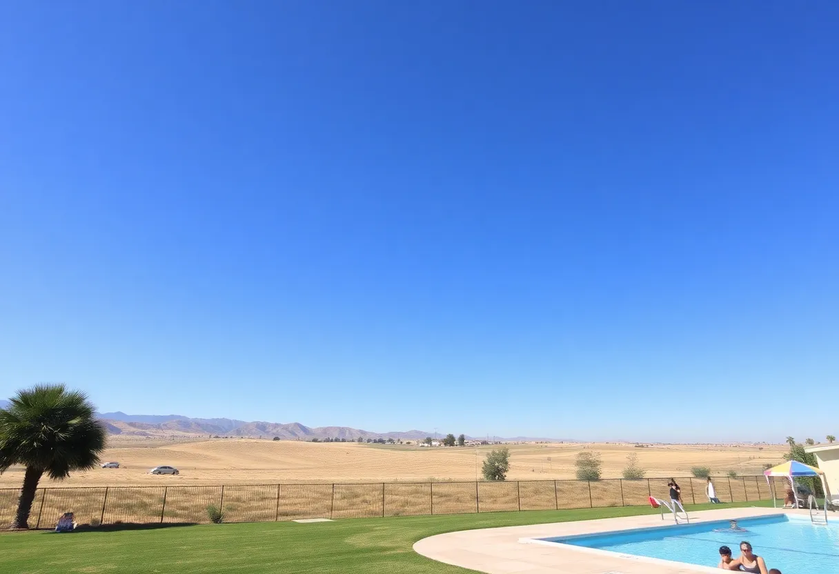 Sunny landscape of Bakersfield with clear blue skies and a poolside scene.