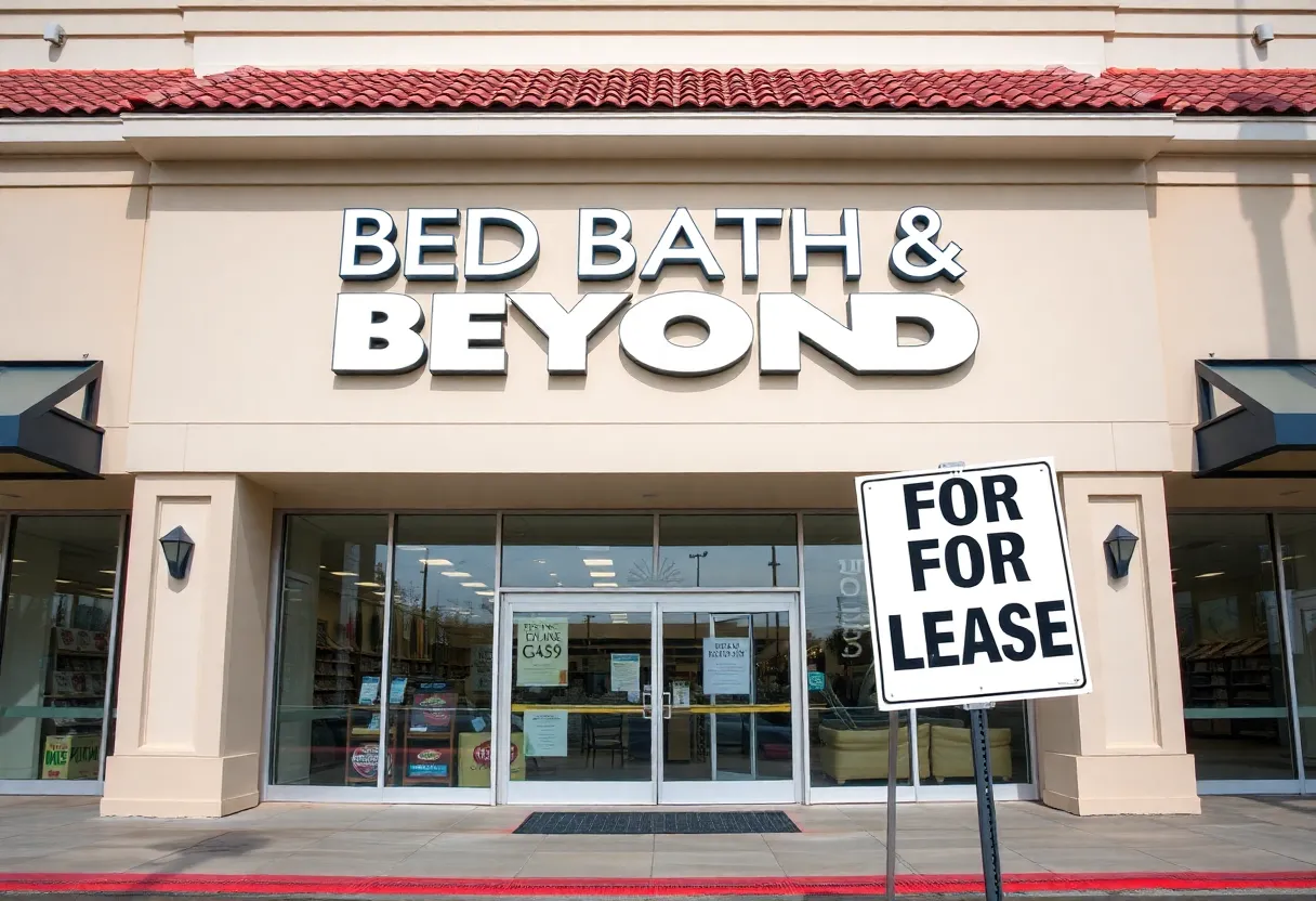 Bed Bath & Beyond store with a 'for lease' sign in front