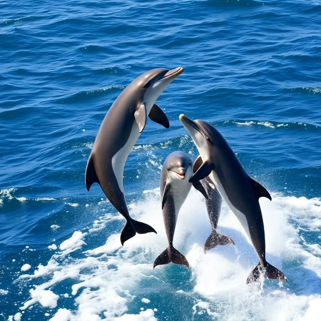 Bottlenose dolphins leaping out of the water in Newport Beach