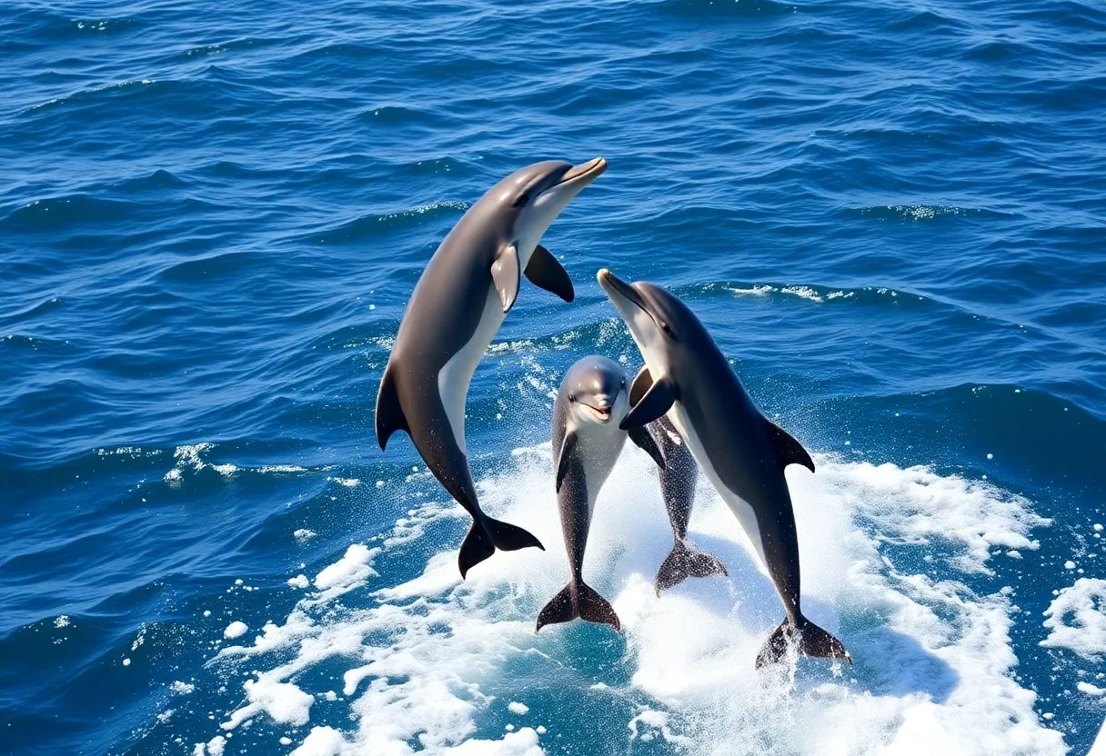 Bottlenose dolphins leaping out of the water in Newport Beach
