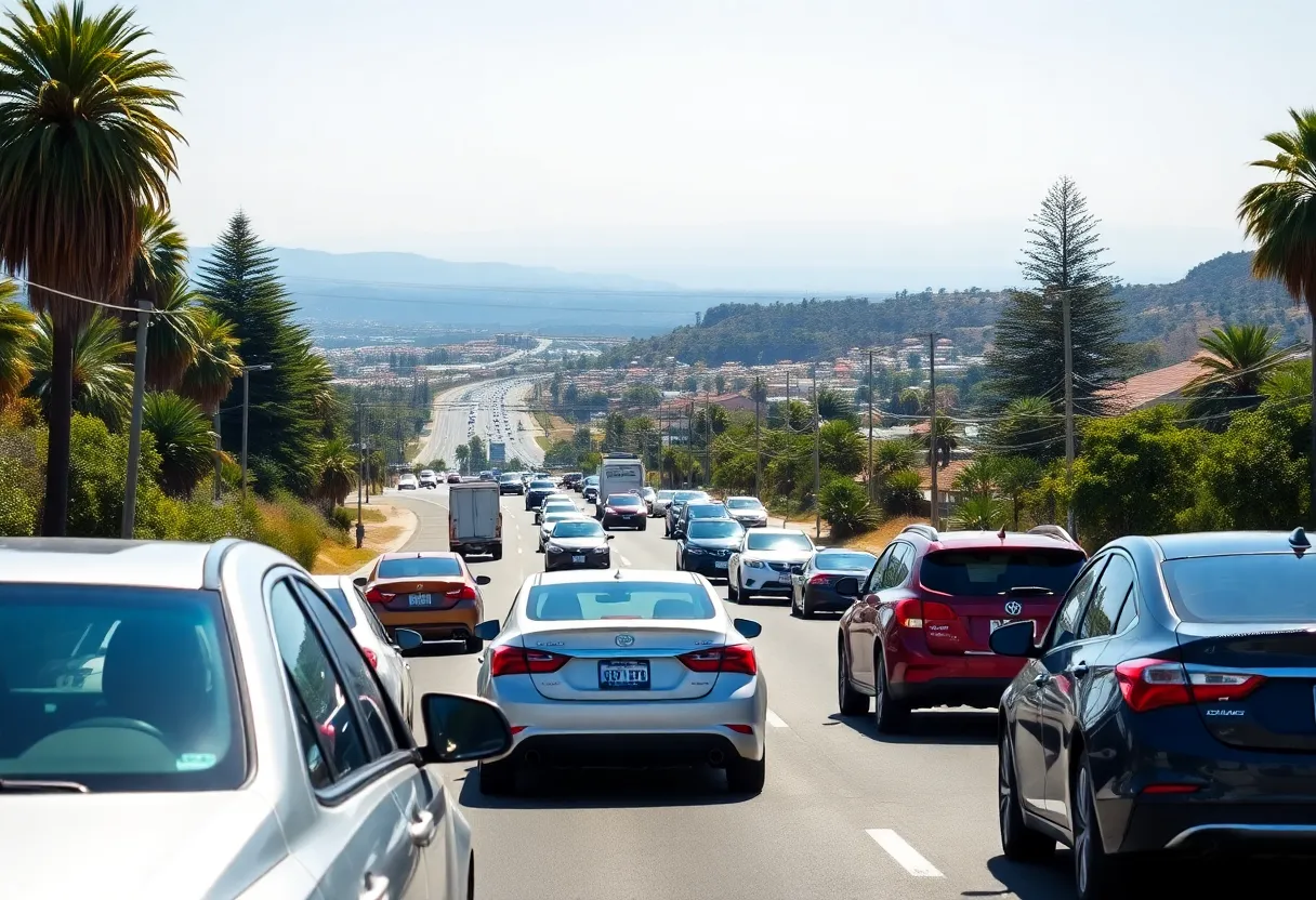 Cars driving through California on a sunny day