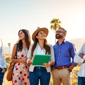 A diverse group of entrepreneurs discussing business strategies in California's vibrant environment.