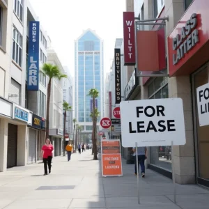 Closed storefronts in California with 'For Lease' signs