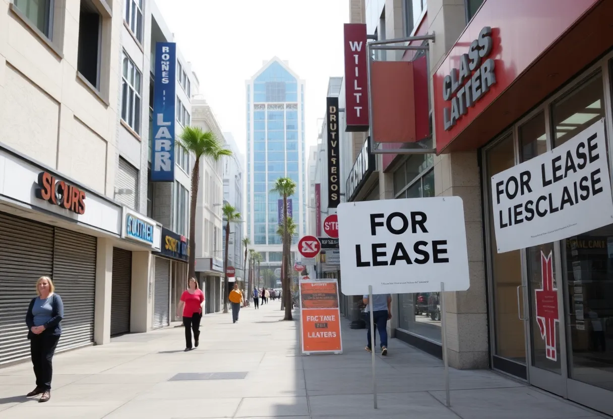 Closed storefronts in California with 'For Lease' signs
