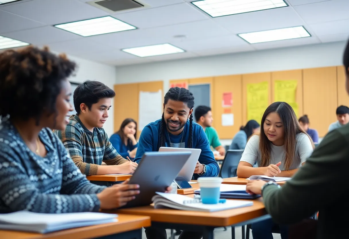 Diverse students collaborating in a California community college classroom setting.