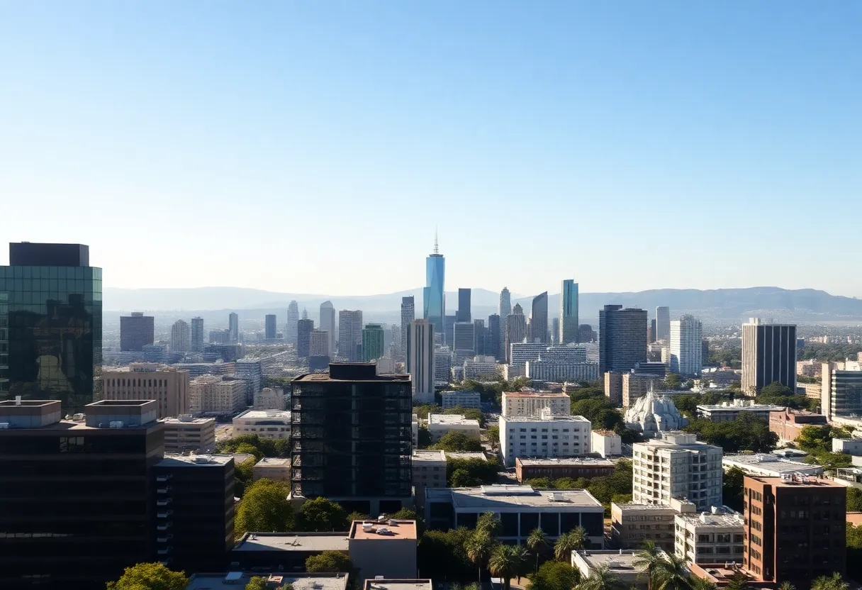 California skyline showcasing corporate buildings amidst a green environment