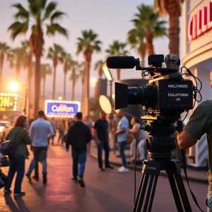 Film crew working on a set in California