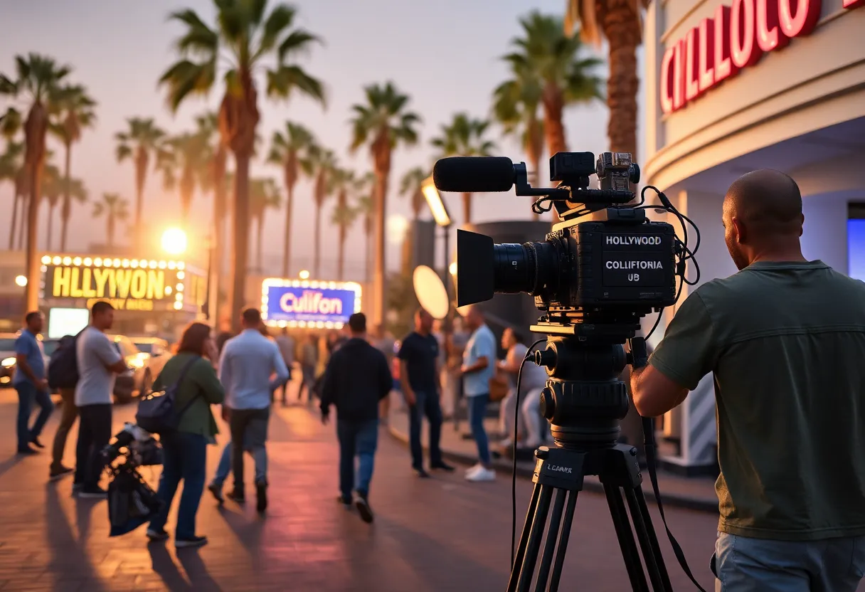 Film crew working on a set in California