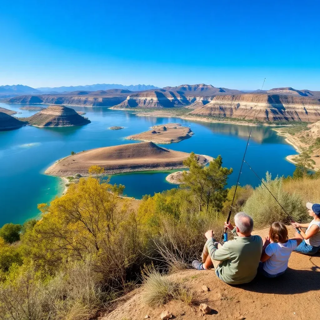 Families and anglers enjoying fishing at a picturesque California lake