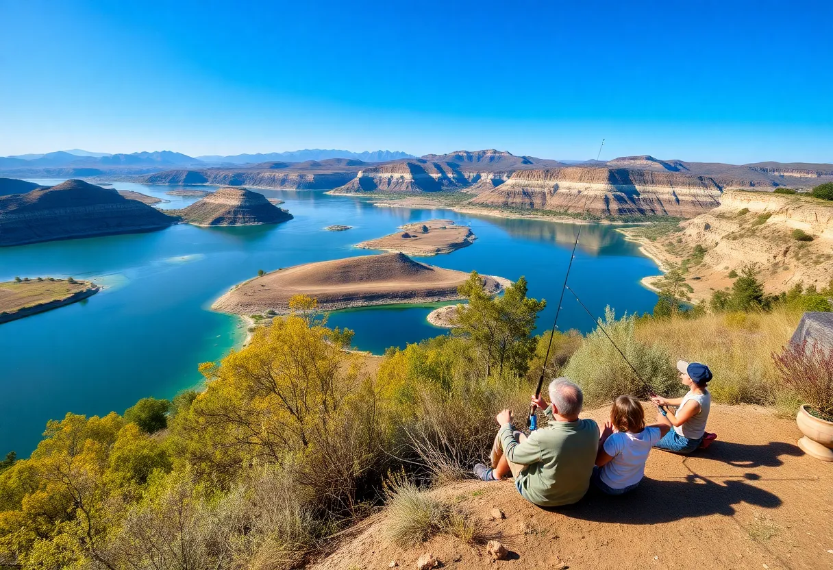 Families and anglers enjoying fishing at a picturesque California lake