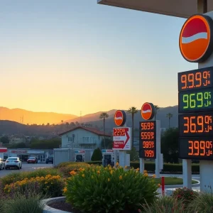 Gas station in California during summer with price signs