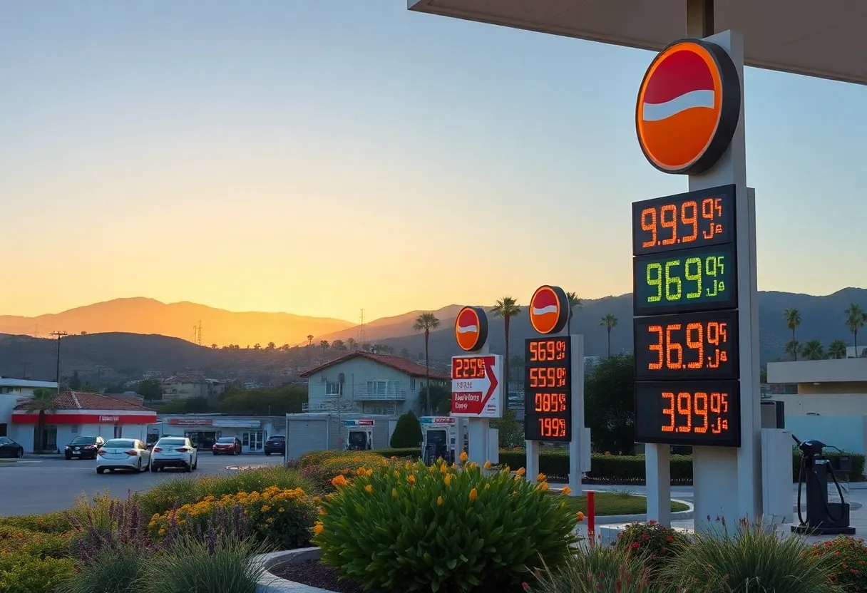 Gas station in California during summer with price signs