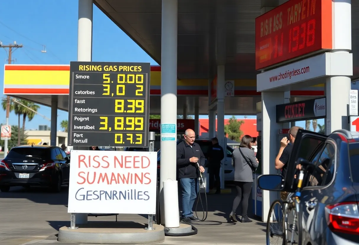 A California gas station during a gasoline supply crisis with rising prices