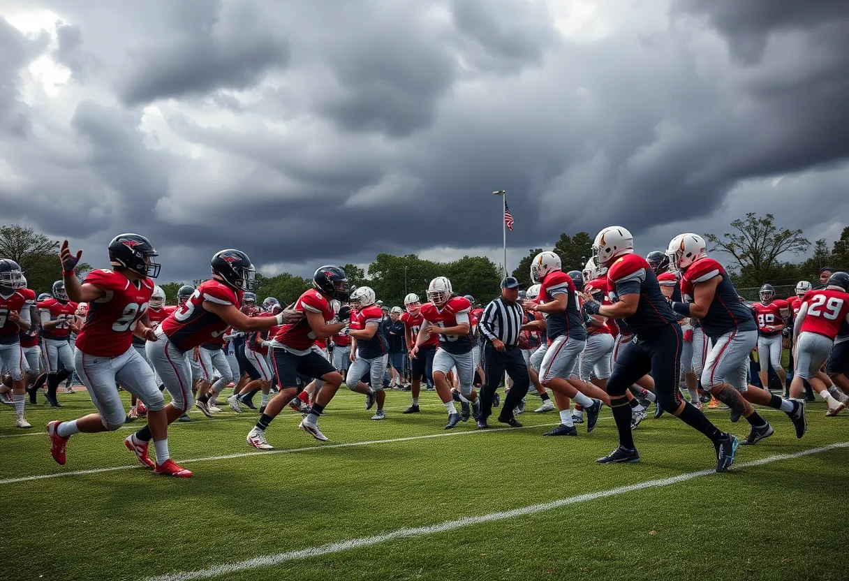 California high school football teams competing on the field