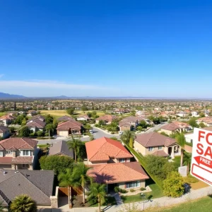 Suburban neighborhood in California with For Sale signs