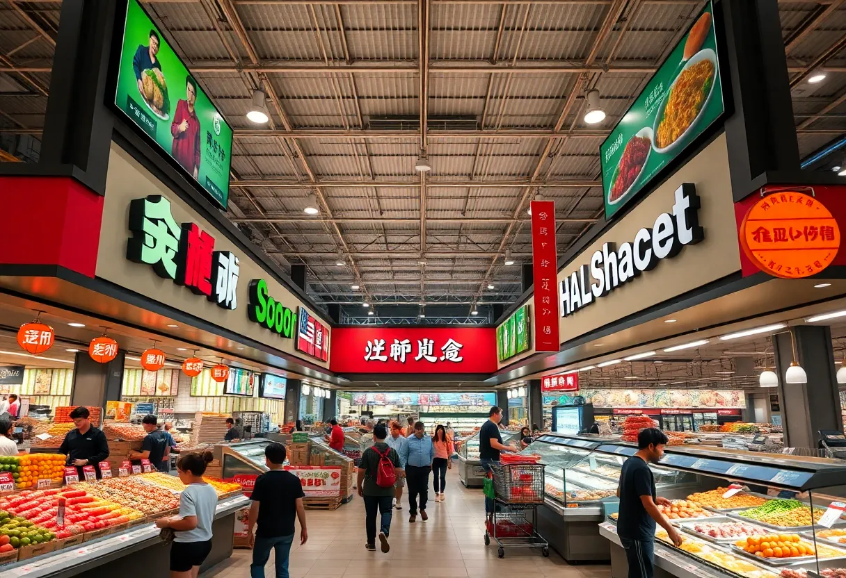 Interior of California's largest H Mart with shoppers exploring the aisles.
